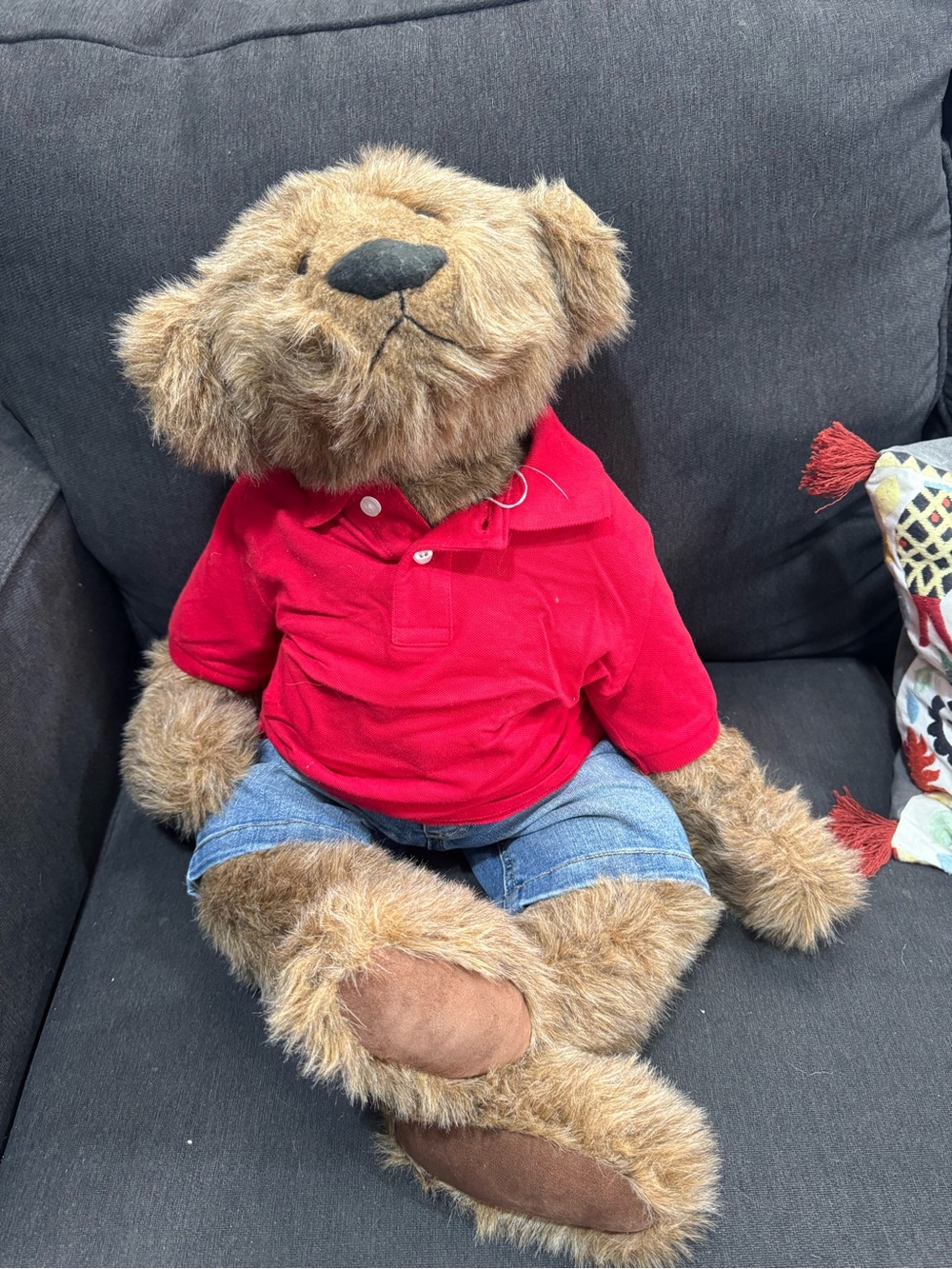 Handmade Fully Jointed Brown Teddy Bear in Red Polo Shirt